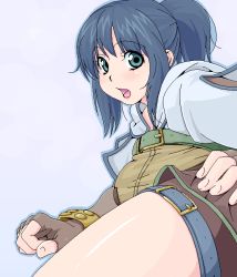 Rule 34 | 1girl, amami amayu, belt, blue hair, breasts, fingerless gloves, gloves, green eyes, hunter (ragnarok online), large breasts, looking at viewer, looking back, open mouth, ponytail, ragnarok online, simple background, solo