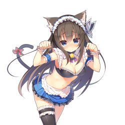 Rule 34 | 1girl, animal ears, arm garter, blush, bow, breasts, brown hair, cat ears, cat tail, cleavage, cowboy shot, detached collar, emma beauty, frilled thighhighs, frills, headdress, leaning forward, long hair, looking at viewer, navel, nose blush, official art, paw pose, single thighhigh, skirt, smile, solo, tail, tail bow, tail ornament, thighhighs, transparent background, uchi no hime-sama ga ichiban kawaii, wristband