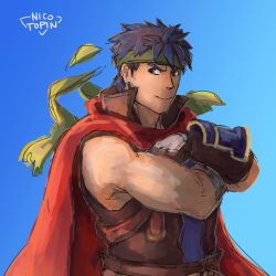 Rule 34 | 1boy, absurdres, artist name, blue background, blue eyes, blue hair, cape, commentary, crossed arms, english commentary, fire emblem, fire emblem: radiant dawn, green headband, headband, highres, ike (fire emblem), male focus, nicotopin, nintendo, red cape, short hair, smile, solo, super smash bros., upper body