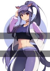 Rule 34 | 1girl, animal ears, arm up, black choker, breasts, choker, commission, cowboy shot, crop top, goggles, goggles on head, hand in pocket, highres, jacket, long hair, looking at viewer, medium breasts, midriff, navel, open clothes, open jacket, original, pants, ponytail, purple hair, purple pants, purple shirt, red eyes, shirt, sidelocks, smile, solo, standing, stomach, tail, ugwa, very long hair, white jacket
