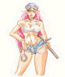 Rule 34 | 1girl, bare legs, blue shorts, breasts, capcom, chain, choker, crop top, cuffs, denim, denim shorts, final fight, hair over one eye, handcuffs, hat, large breasts, lipstick, makeup, midriff, navel, non-web source, off shoulder, peaked cap, pink hair, poison (final fight), short shorts, shorts, narrow waist, solo, baton (weapon)