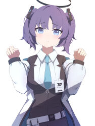 Rule 34 | 1girl, absurdres, black skirt, blue archive, blue necktie, blush, closed mouth, collared shirt, formal, halo, highres, id card, jacket, long hair, looking at viewer, mechanical halo, necktie, open clothes, open jacket, pleated skirt, pout, purple eyes, purple hair, shirt, simple background, skirt, solo, suit, tokutokenzen, two-sided fabric, two-sided jacket, two side up, upper body, white background, white jacket, white shirt, yuuka (blue archive)