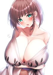 Rule 34 | 1girl, absurdres, braid, breasts, brown hair, charlotte corday (fate), cleavage, fate/grand order, fate (series), green eyes, highres, large breasts, lee-taro, looking at viewer, naked robe, open clothes, open mouth, robe, solo, white background, white robe
