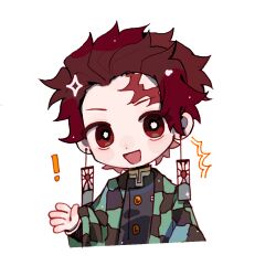 ! 1boy :d black_jacket bright_pupils checkered_haori chibi chibi_only commentary cropped_torso demon_slayer_uniform earrings green_jacket hanafuda_earrings haori jacket japanese_clothes jewelry kamado_tanjirou kimetsu_no_yaiba looking_at_viewer male_focus open_mouth red_eyes red_hair scar scar_on_face scar_on_forehead short_hair simple_background smile solo symbol-only_commentary white_background white_pupils youshouhaoxianzhe