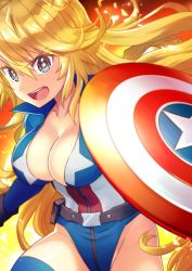 Rule 34 | 1girl, adapted costume, avengers (series), belt, blonde hair, blue eyes, blue leotard, blue thighhighs, breasts, captain america, captain america (cosplay), cleavage, commentary request, cosplay, cowboy shot, fire, iowa (kancolle), kantai collection, large breasts, leotard, long hair, looking at viewer, marvel, open clothes, open mouth, shield, solo, superhero costume, teeth, thighhighs, trait connection, upper teeth only, yumi yumi