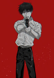 Rule 34 | 1boy, aiming, aiming at viewer, belt, belt buckle, breast pocket, buckle, collared shirt, dress shirt, gun, handgun, highres, holding, holding gun, holding weapon, ikari shinji, limited palette, long sleeves, looking at viewer, male focus, neon genesis evangelion, pants, pocket, red background, shirt, simple background, solo, weapon, wing collar, yoshio 296