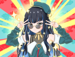 Rule 34 | 1girl, bare shoulders, beret, black hair, blue hair, colored inner hair, emotional engine - full drive, fate/grand order, fate (series), hat, highres, jacket, jewelry, long hair, looking at viewer, looking over eyewear, multicolored hair, neck ring, sei shounagon (fate), smile, solo, sunglasses, tenochtitlan (fate), tenochtitlan (second ascension) (fate), tinted eyewear, v