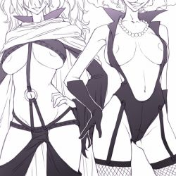 Rule 34 | 2girls, breasts, emporio ivankov, fishnet legwear, fishnets, gem, gloves, greyscale, grin, head out of frame, large breasts, monochrome, mosha, multiple girls, no bra, one piece, pearl (gemstone), revealing clothes, sadi-chan, smile, thighhighs