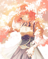 Rule 34 | 1girl, cherry blossoms, commentary, cowboy shot, earrings, english commentary, falling petals, frills, hairband, hand up, hibiki koto, high-waist skirt, highres, jewelry, kafigqlz, long sleeves, looking at viewer, medium hair, one eye closed, orange eyes, parted lips, petals, pink hair, puffy long sleeves, puffy sleeves, shirt, skirt, solo, suspender skirt, suspenders, tagme, vocaloid, white shirt