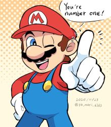 Rule 34 | 1boy, artist name, blue eyes, brown hair, facial hair, gloves, hand on own hip, hand up, hat, index finger raised, looking at viewer, mario, mario (series), mustache, nintendo, one eye closed, plumber, solo, speech bubble, super mario bros. 1, wink