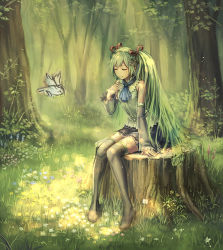 Rule 34 | 1girl, anbe yoshirou, bird, boots, closed eyes, detached sleeves, flower, green hair, hair flower, hair ornament, hair ribbon, hatsune miku, long hair, md5 mismatch, nature, neckerchief, parted lips, resolution mismatch, ribbon, shirt, sitting, sketch, skirt, solo, source larger, thigh boots, thighhighs, tree, tree stump, twintails, very long hair, vocaloid