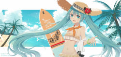 Rule 34 | 1girl, absurdres, artist name, bird, black bow, black ribbon, blue eyes, blue hair, blue sky, bow, character name, collarbone, day, flower, hat, hat bow, hat flower, hat ribbon, hatsune miku, highres, long hair, looking at viewer, navel, ocean, open mouth, outdoors, palm tree, ribbon, saikou-iro aurora, sky, smile, solo, striped bow, striped ribbon, summer, sun hat, surfboard, tree, twintails, very long hair, vocaloid, white bow, white ribbon