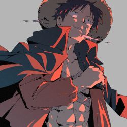 Rule 34 | 1boy, abs, black hair, breath, cross scar, from below, hat, jacket, jacket on shoulders, male focus, monkey d. luffy, obobkkp, one piece, open clothes, open shirt, red shirt, scar, scar on chest, scene reference, shirt, short hair, solo, stitches, stomach, straw hat, toned, toned male, upper body