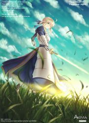 Rule 34 | 1girl, ahoge, aiovia, armor, armored dress, artist name, artoria pendragon (fate), blonde hair, breastplate, copyright name, dress, english text, excalibur (fate/stay night), fate/stay night, fate (series), grass, green eyes, highres, jpeg artifacts, saber (fate), smile, solo, sword, text focus, type-moon, watermark, weapon, web address