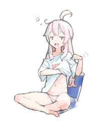 Rule 34 | 1girl, ahoge, ataruman, bare legs, barefoot, brown eyes, clothes lift, commentary, drooling, english commentary, full body, hand under clothes, hand under shirt, indian style, lifted by self, long hair, long sleeves, mouth drool, navel, no pants, off shoulder, onii-chan wa oshimai!, open mouth, oversized clothes, oversized shirt, oyama mahiro, panties, pink hair, pink panties, scratching, shirt, shirt lift, simple background, single bare shoulder, sitting, sketch, sleepy, solo, stomach, t-shirt, underwear, white background, white shirt
