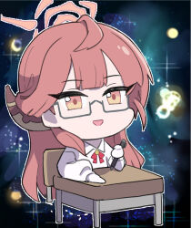 Rule 34 | 1girl, :d, absurdres, alternate costume, aru (blue archive), blue archive, blunt bangs, bow, bowtie, chair, chibi, collared shirt, commentary request, demon girl, demon horns, desk, glasses, halo, highres, holding, holding pen, horns, keke (user djyu7823), long hair, long sleeves, looking at viewer, meme, open mouth, parted bangs, pen, red bow, red bowtie, red hair, school chair, school desk, school uniform, semi-rimless eyewear, shirt, sidelocks, simple background, skirt, sky, smile, solo, space, space cat (meme), star (sky), starry sky, white shirt, yellow eyes