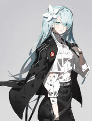 Rule 34 | 1girl, a-z s (neco), also sprach zarathustra (neco), aqua eyes, aqua hair, belt, cowboy shot, earrings, flower, gloves, grey background, hair between eyes, hair flower, hair ornament, highres, jacket, jewelry, long hair, looking at viewer, neco, open clothes, open jacket, shirt, skirt, solo, white shirt