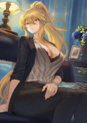 Rule 34 | 1girl, ahoge, artoria pendragon (fate), artoria pendragon (lancer) (fate), black bra, black jacket, black pants, blonde hair, blush, bra, braid, breasts, cleavage, contemporary, couch, cushion, fate/grand order, fate (series), french braid, green eyes, hair between eyes, highres, jacket, lamp, large breasts, long hair, long sleeves, looking at viewer, mashuu (neko no oyashiro), open clothes, open jacket, pants, parted lips, picture frame, plant, ponytail, potted plant, shirt, sidelocks, sitting, solo, striped clothes, striped shirt, underwear, white shirt