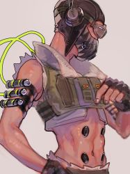 Rule 34 | 1boy, abs, apex legends, black gloves, black headwear, cable, cropped vest, fingerless gloves, from side, gloves, green vest, grey background, hand on own hip, highres, kawaniwa, male focus, mask, midriff, mouth mask, navel, octane (apex legends), solo, vest
