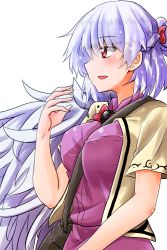 Rule 34 | 1girl, angel wings, arm up, bag, beige jacket, between breasts, blush, bow, bowtie, braid, breasts, commentary request, cropped legs, dress, feathered wings, french braid, hair between eyes, hair bow, half updo, highres, kishin sagume, large breasts, looking to the side, one-hour drawing challenge, open mouth, oshiaki, purple dress, red bow, red bowtie, red eyes, short hair, short sleeves, silver hair, simple background, single wing, solo, strap between breasts, touhou, transparent background, white background, wings