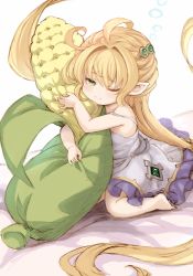 Rule 34 | 1girl, ahoge, bare shoulders, barefoot, blonde hair, check commentary, commentary request, corn, corn cob, dress, food-themed pillow, granblue fantasy, green eyes, hair intakes, harvin, highres, long hair, m-eine, melissabelle, hugging object, on bed, one eye closed, pillow, pillow hug, pointy ears, purple dress, sitting, sleeveless, sleeveless dress, solo, strap slip, very long hair, waking up, wariza, white background
