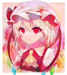 Rule 34 | 1girl, ascot, blonde hair, border, closed mouth, cropped torso, crystal, flandre scarlet, flower, frilled shirt collar, frills, hair between eyes, hat, highres, kuroyurishandao, light particles, looking at viewer, mob cap, one side up, outside border, pink background, puffy short sleeves, puffy sleeves, red eyes, red flower, red rose, red vest, rose, short hair with long locks, short sleeves, simple background, smile, solo, touhou, upper body, vest, white border, white hat, wings, yellow ascot