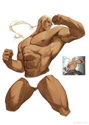 Rule 34 | 1boy, abs, absurdres, armpit hair, armpits, bara, bulge, character request, cropped legs, fighting stance, fire emblem, gluteal fold, highres, huge pectorals, male focus, mature male, muscular, muscular male, my eight, navel, nintendo, nipples, reference inset, solo, strongman waist, thick eyebrows, thick thighs, thighs, topless male, white background