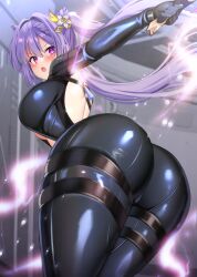 Rule 34 | 1girl, ass, back, black bodysuit, bodysuit, breasts, commission, cone hair bun, flower, genshin impact, hair between eyes, hair bun, hair flower, hair ornament, highres, keqing (genshin impact), large breasts, latex, latex bodysuit, leaning forward, long hair, looking back, maze yuri, open mouth, pixiv commission, purple eyes, purple hair, skin tight, twintails