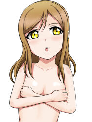 Rule 34 | 1girl, blush, breasts, brown eyes, brown hair, covering privates, covering breasts, highres, kunikida hanamaru, long hair, looking at viewer, love live!, love live! sunshine!!, medium breasts, nude, parted lips, simple background, solo, to yoshiyoshi, upper body, white background