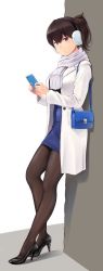 Rule 34 | 1girl, bag, black footwear, blue dress, blush, breasts, brown eyes, brown hair, brown pantyhose, cellphone, closed mouth, coat, dress, earmuffs, high heels, highres, holding, holding phone, kaga (kancolle), kantai collection, leaning, official alternate costume, open clothes, open coat, pantyhose, phone, scarf, short hair, shoulder bag, side ponytail, smartphone, solo, standing, wa (genryusui), white coat, white scarf