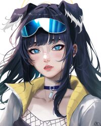 Rule 34 | 1girl, ahneato, animal ears, black hair, blue archive, blue collar, blue eyes, collar, dog ears, dog girl, eyewear on head, goggles, goggles on head, grey jacket, halo, hibiki (blue archive), highres, jacket, long hair, looking at viewer, parted lips, solo, upper body, yellow halo