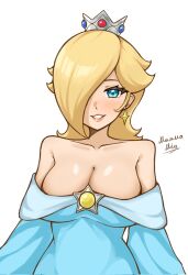 Rule 34 | 1girl, artist name, bare shoulders, blonde hair, blue dress, blue eyes, breasts, cleavage, collarbone, commentary request, crown, dress, earrings, eyelashes, hair over one eye, highres, jewelry, large breasts, long hair, looking at viewer, mamma mia 139, mario (series), mixed-language commentary, nintendo, off-shoulder dress, off shoulder, pink lips, rosalina, russian commentary, simple background, smile, solo, star (symbol), star earrings, super mario galaxy, teeth, white background