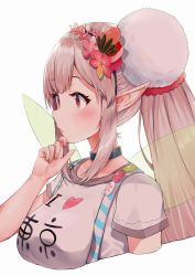 Rule 34 | 1girl, belt collar, blush, breasts, clothes writing, collar, cropped torso, elu (nijisanji), fairy wings, flower, from side, hair flower, hair ornament, hairband, hand on own chin, heart, highres, large breasts, long hair, nijisanji, pointy ears, racchi., red eyes, shirt, short sleeves, simple background, solo, upper body, virtual youtuber, white background, white shirt, wings