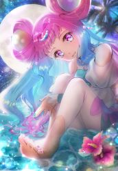 Rule 34 | 1girl, barefoot, blue eyes, blue hair, blue nails, closed mouth, clothing cutout, cure la mer, floating hair, flower, full moon, gradient hair, hair intakes, hair ornament, head tilt, hibiscus, highres, long hair, long sleeves, looking at viewer, minccino7, moon, multicolored hair, nail polish, night, palm tree, pants, pink eyes, pink flower, pink hair, pink nails, precure, shoulder cutout, signature, sitting, sky, smile, solo, sparkle, star (sky), starry sky, toenail polish, toenails, tree, tropical-rouge! precure, very long hair, water, white pants