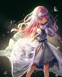 Rule 34 | 1girl, bare shoulders, black background, black ribbon, bow, bug, butterfly, commentary, dress, frilled dress, frills, gloves, hair bow, highres, holding, holding instrument, holding violin, insect, instrument, long hair, music, neck ribbon, original, pink hair, playing instrument, purple eyes, ribbon, see-through, seero, sleeveless, sleeveless dress, solo, very long hair, violin, white bow, white dress, white gloves