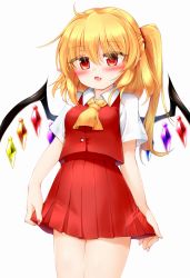 Rule 34 | 1girl, :d, ascot, blonde hair, blouse, blush, breasts, cowboy shot, crystal, fang, flandre scarlet, hair between eyes, highres, long hair, looking at viewer, marukyuu ameya, miniskirt, no headwear, open mouth, pleated skirt, pointy ears, puffy short sleeves, puffy sleeves, red eyes, red skirt, red vest, shirt, short sleeves, skin fang, skirt, smile, solo, thighs, touhou, vest, white shirt, wings
