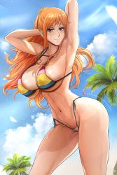 Rule 34 | 1girl, areola slip, armpits, ass, bare arms, bare shoulders, barefoot, bikini, blush, breasts, brown eyes, cleavage, curvy, day, halterneck, highleg, highleg bikini, hip focus, huge breasts, krabbytheartist, long hair, looking at viewer, micro bikini, nami (one piece), navel, one piece, orange hair, outdoors, side-tie bikini bottom, smile, solo, stomach, swimsuit, thick thighs, thighs, wide hips