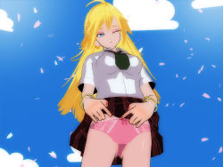 Rule 34 | 10s, 1girl, 3d, breasts, clothes lift, cloud, cowboy shot, female focus, from below, one eye closed, outdoors, panties, panty &amp; stocking with garterbelt, panty (psg), school uniform, skirt, skirt lift, sky, smile, solo, standing, underwear, wink