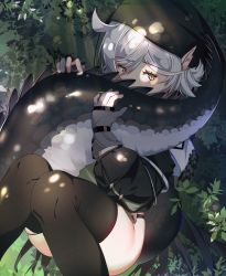 Rule 34 | 1girl, ahoge, arknights, bad id, bad pixiv id, black thighhighs, commentary, crocodilian tail, dai nikucho, fingerless gloves, forest, gloves, highres, holding tail, hood, jacket, large tail, long sleeves, looking at viewer, nature, pointy ears, silver hair, sitting, solo, tail, thighhighs, thighs, tomimi (arknights), torn clothes, torn thighhighs, tree, yellow eyes