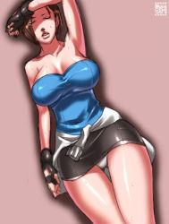 Rule 34 | 1girl, bare shoulders, breasts, brown hair, capcom, cleavage, female focus, gradient background, jill valentine, panties, resident evil, resident evil 3: nemesis, sawao, short hair, solo, strapless, thigh gap, thighs, tube top, underwear