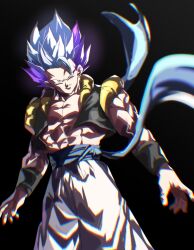 Rule 34 | alternate form, alternate universe, black background, black vest, black wristband, blue sash, blurry, blurry background, blurry foreground, commentary request, cowboy shot, cropped vest, dragon ball, dragon ball super, dragon ball super broly, earrings, gogeta, grey eyes, highres, jewelry, looking at viewer, male focus, metamoran vest, multicolored hair, muscular, muscular male, no eyebrows, pants, purple hair, sash, serious, single earring, tkht 9315, two-tone hair, ultra ego (dragon ball), ultra instinct, vest, white hair, white pants
