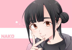 Rule 34 | 1girl, absurdres, arashi chisato, black hair, black shirt, blush, borrowed hairstyle, brown eyes, character name, closed mouth, commentary request, hair bun, highres, hood, hood down, kashikaze, looking at viewer, love live!, love live! superstar!!, medium hair, misaki nako, pink background, real life, shirt, sidelocks, solo, star (symbol), two-tone background, upper body, v over eye, voice actor, voice actor connection, white background