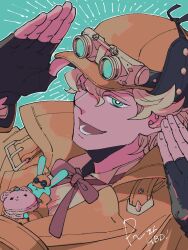 Rule 34 | 1boy, ace attorney, animal, black gloves, blonde hair, blue background, blue eyes, brown headwear, brown jacket, brown ribbon, fingerless gloves, gloves, goggles, goggles on headwear, hands up, hat, herlock sholmes, highres, jacket, looking at viewer, male focus, neck ribbon, one eye closed, open mouth, rabbit, ribbon, shino (shino dgs), short hair, smile, the great ace attorney