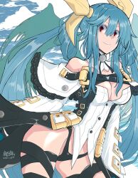 Rule 34 | 1girl, angel wings, asymmetrical wings, bare shoulders, belt, black panties, black thighhighs, blue sky, breasts, choker, cleavage, clothing cutout, cloud, cloudy sky, collarbone, dated, detached collar, dizzy (guilty gear), feathered wings, guilty gear, guilty gear xrd, hair between eyes, hair ribbon, hair rings, highres, large breasts, long hair, mariebell, monster girl, off shoulder, open mouth, panties, red eyes, ribbon, sidelocks, signature, skindentation, sky, smile, solo, tail, tail ornament, tail ribbon, thick thighs, thigh strap, thighhighs, thighs, twintails, underwear, wide sleeves, wings, yellow ribbon