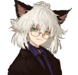 Rule 34 | 1boy, androgynous, animal ears, antenna hair, bell, black jacket, black necktie, blue shirt, bob cut, cat boy, cat ears, check copyright, closed mouth, collar, collared shirt, copyright request, eyelashes, formal, gab rill, glasses, green eyes, hair between eyes, hair flaps, heterochromia, jacket, jingle bell, looking at viewer, male focus, neck bell, necktie, original, portrait, shirt, short hair, simple background, smile, suit, white background, white hair, yellow-framed eyewear, yellow eyes