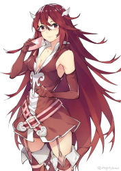 Rule 34 | 1girl, belt, bespectacled, blush, book, boots, breasts, cleavage, cordelia (fire emblem), dress, fire emblem, fire emblem awakening, garter straps, ge-b, glasses, gloves, highres, long hair, looking at viewer, medium breasts, nintendo, red dress, red eyes, red hair, red thighhighs, simple background, sleeveless, sleeveless dress, smile, solo, thigh boots, thighhighs, thighs, twitter username, very long hair, white background, zettai ryouiki