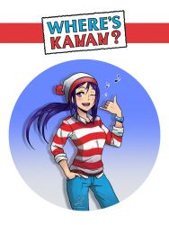 Rule 34 | 10s, 1girl, blue hair, cosplay, crossover, denim, english text, hand in pocket, hat, highres, jeans, love live!, love live! sunshine!!, matsuura kanan, musical note, one eye closed, pants, purple eyes, quaver, ryz4, shirt, solo, standing, striped clothes, striped shirt, wally (where&#039;s wally), wally (where&#039;s wally) (cosplay), watch, where&#039;s wally