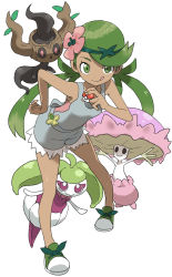 Rule 34 | 1girl, :q, apron, bare arms, bare shoulders, closed mouth, creatures (company), cutoffs, dark skin, flower, full body, game freak, gen 6 pokemon, gen 7 pokemon, green eyes, green footwear, green hair, hair flower, hair ornament, hand on own hip, highres, holding, holding poke ball, leaning forward, looking at viewer, mallow (pokemon), nintendo, no socks, perspective, phantump, poke ball, pokemon, pokemon (creature), pokemon sm, shiinotic, shoes, shorts, simple background, sleeveless, smile, steenee, tareme, tongue, tongue out, trial captain, twintails, white background, yamamoto souichirou