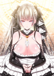 Rule 34 | 1girl, azur lane, between breasts, blonde hair, breasts, choker, cleavage, clock, clock tower, closed mouth, commentary request, corset, crossed arms, day, earrings, elbow gloves, eyelashes, formidable (azur lane), frills, fuyuki jun, gloves, hair ribbon, highres, jewelry, large breasts, lips, long hair, looking at viewer, nail polish, necktie, necktie between breasts, own hands clasped, own hands together, red eyes, resolution mismatch, revision, ribbon, solo, source larger, sparkle, tower, two-tone dress, two-tone ribbon, upper body, very long hair