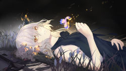 Rule 34 | 1girl, absurdres, black background, black dress, bug, butterfly, butterfly on head, czcz12321, dress, fate/grand order, fate (series), flower, from side, hair between eyes, highres, holding, holding flower, insect, jeanne d&#039;arc (fate), jeanne d&#039;arc alter (avenger) (fate), jeanne d&#039;arc alter (fate), long hair, looking at viewer, lying, on back, parted lips, silver hair, sleeveless, sleeveless dress, solo, upper body, yellow eyes